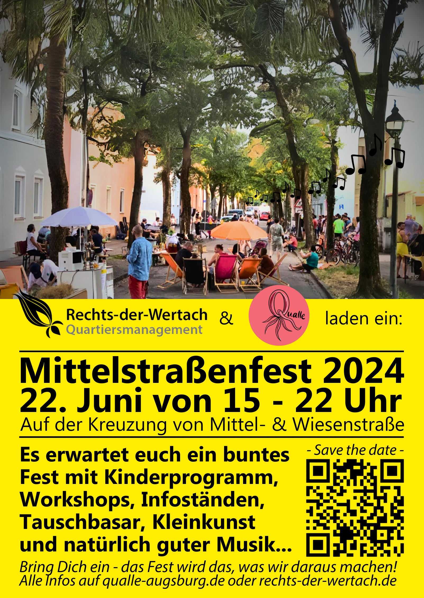 Veranstaltungsplakat: Mittelstraßenfest 2024, 22. Juni von 15–22 Uhr, Kreuzung Mittel- & Wiesenstraße, organisiert von Rechts-der-Wertach Quartiersmanagement und Qualle